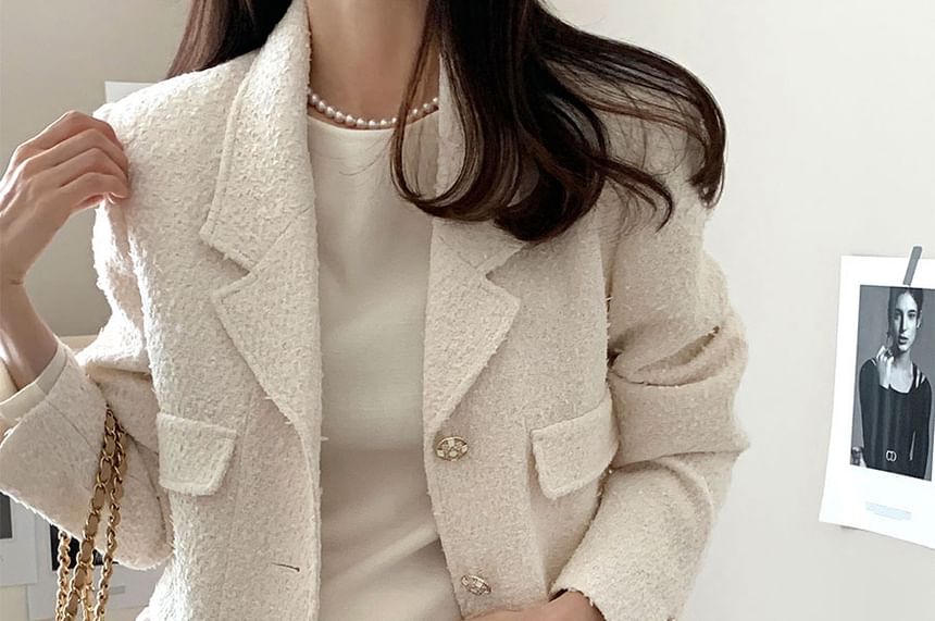Notch Lapel Plain Tweed Single Breasted Blazer