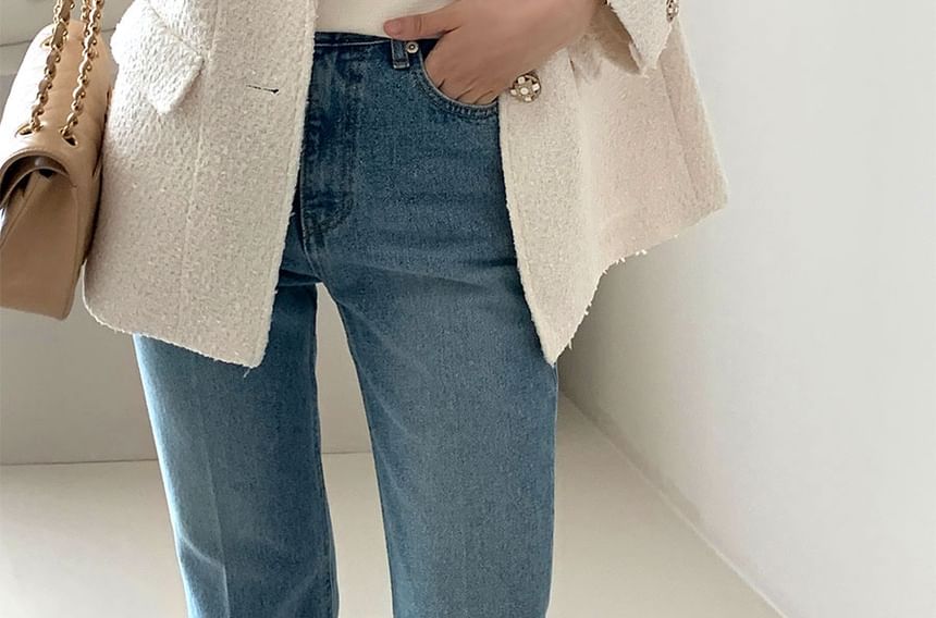 Notch Lapel Plain Tweed Single Breasted Blazer