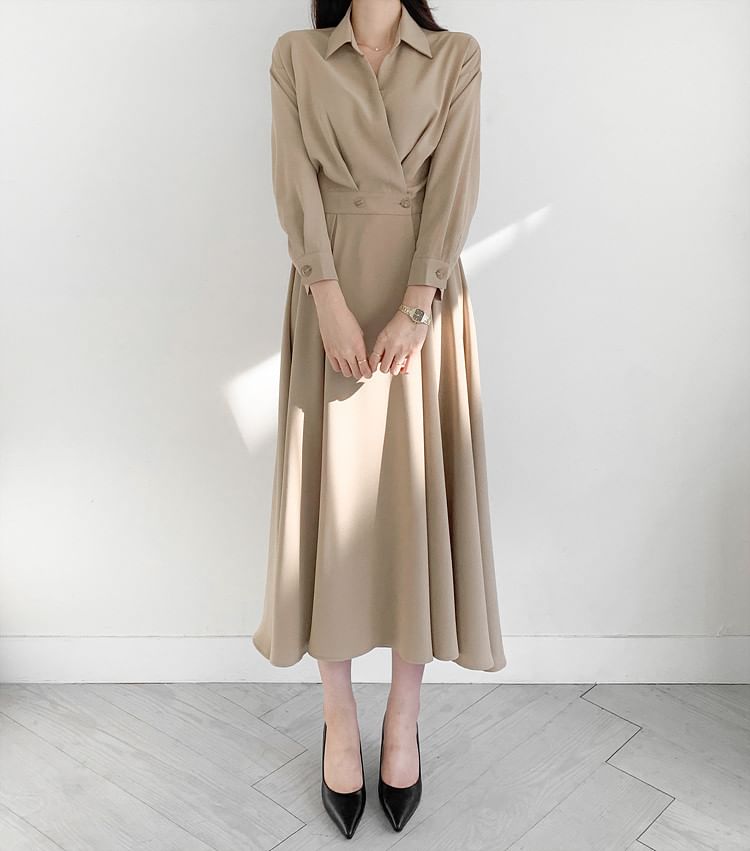 Long Sleeve Collared Plain Double Breasted Midi A-Line Shirt Dress