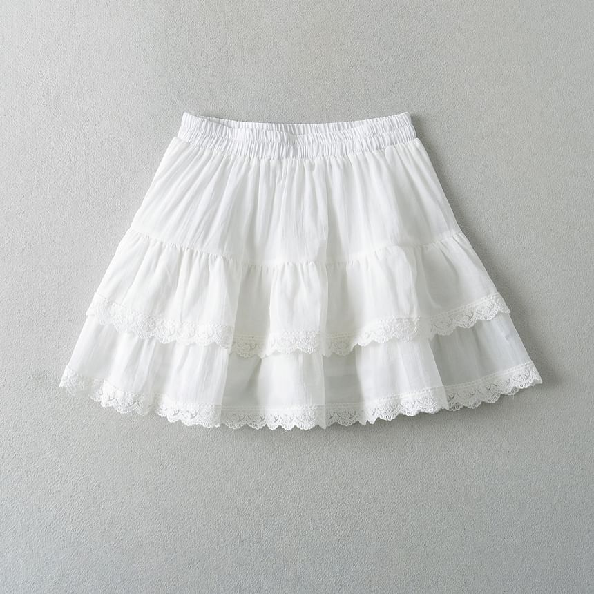 High Waist Lace Trim Tiered Mini Flared Skirt