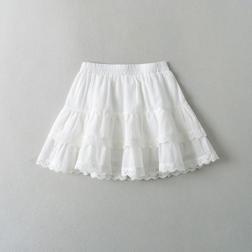 High Waist Lace Trim Tiered Mini Flared Skirt