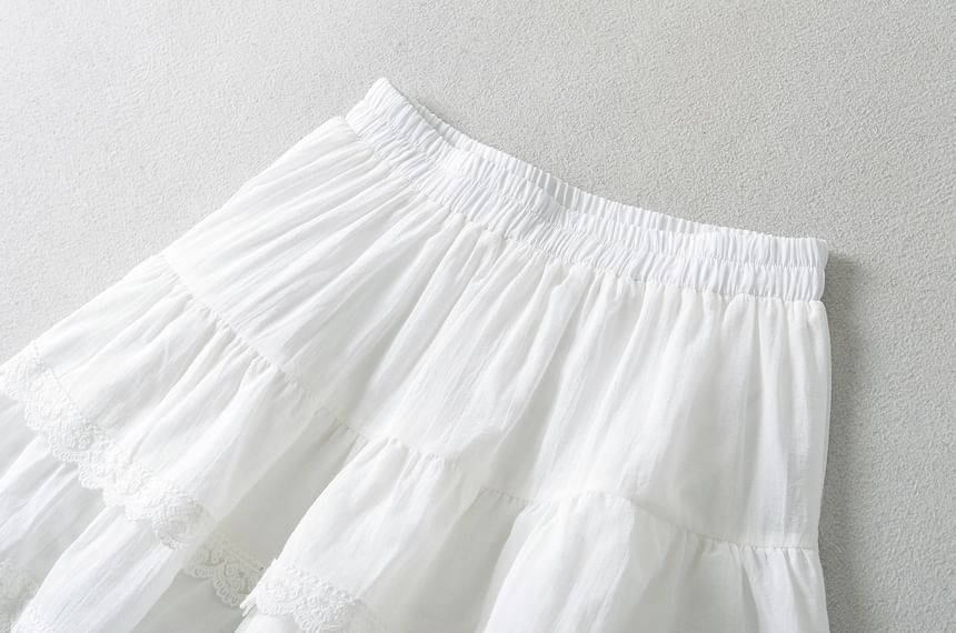 High Waist Lace Trim Tiered Mini Flared Skirt
