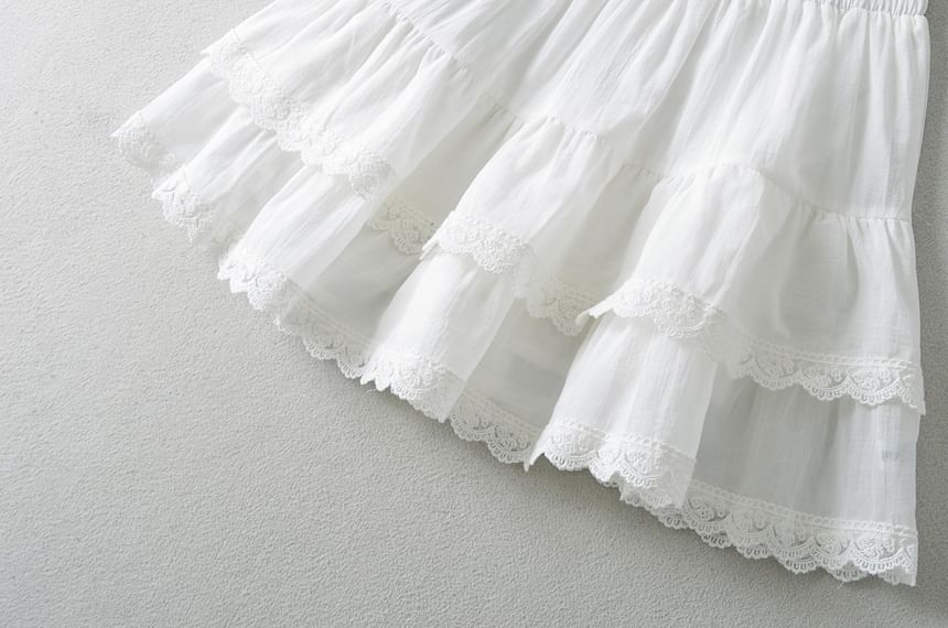 High Waist Lace Trim Tiered Mini Flared Skirt