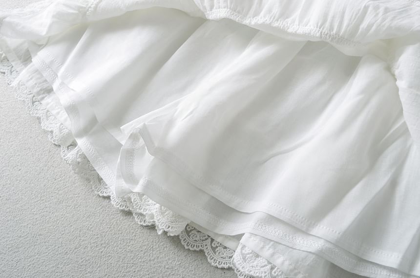 High Waist Lace Trim Tiered Mini Flared Skirt