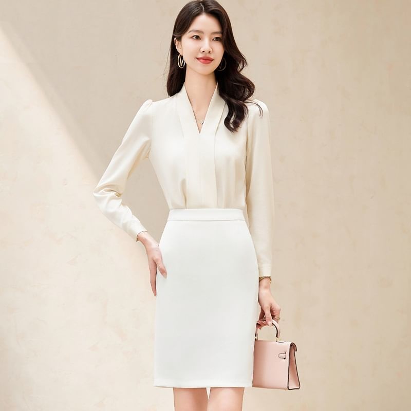 V-Neck Long Sleeve Blouse with Mini Pencil Skirt Set