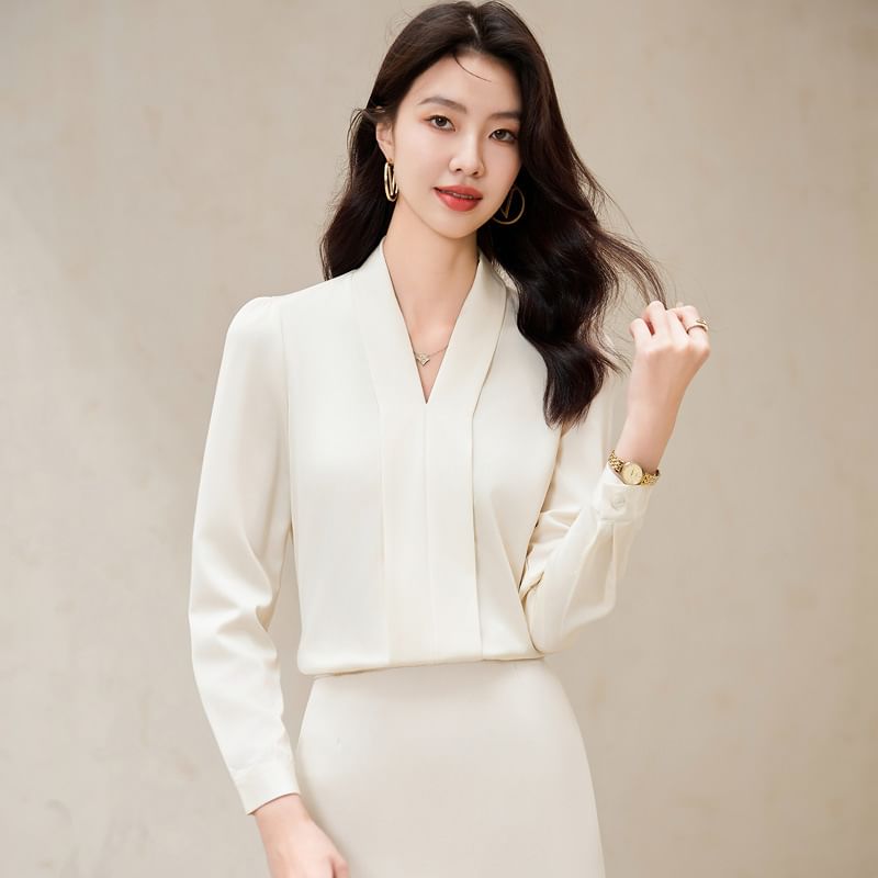 V-Neck Long Sleeve Blouse with Mini Pencil Skirt Set