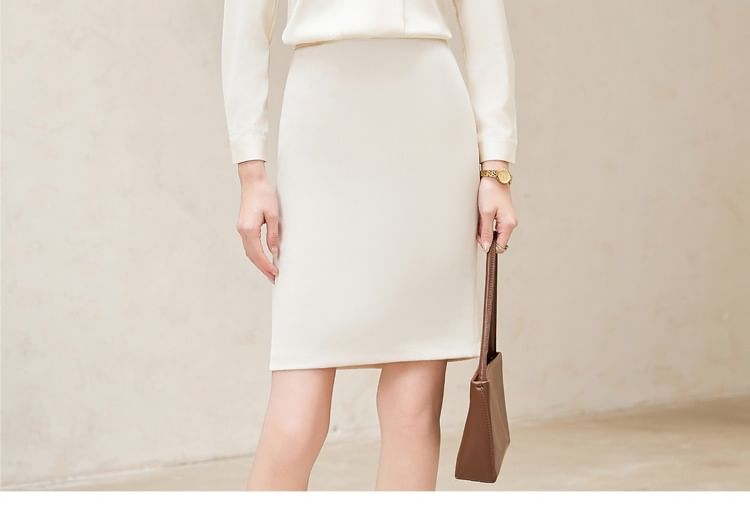 V-Neck Long Sleeve Blouse with Mini Pencil Skirt Set