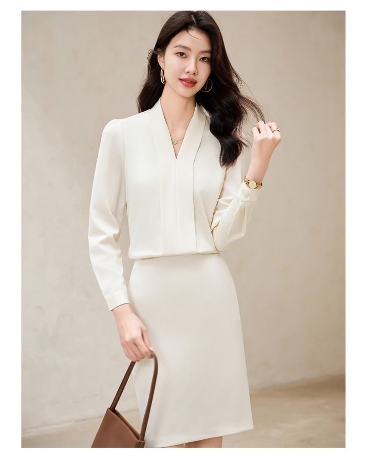 V-Neck Long Sleeve Blouse with Mini Pencil Skirt Set