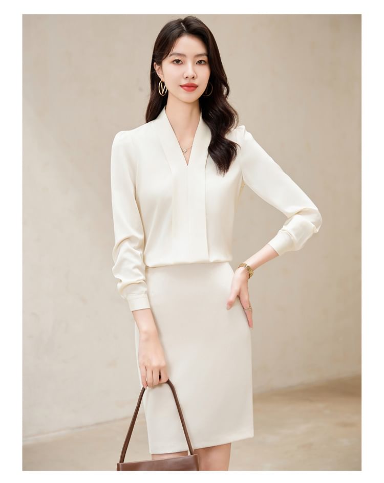 V-Neck Long Sleeve Blouse with Mini Pencil Skirt Set