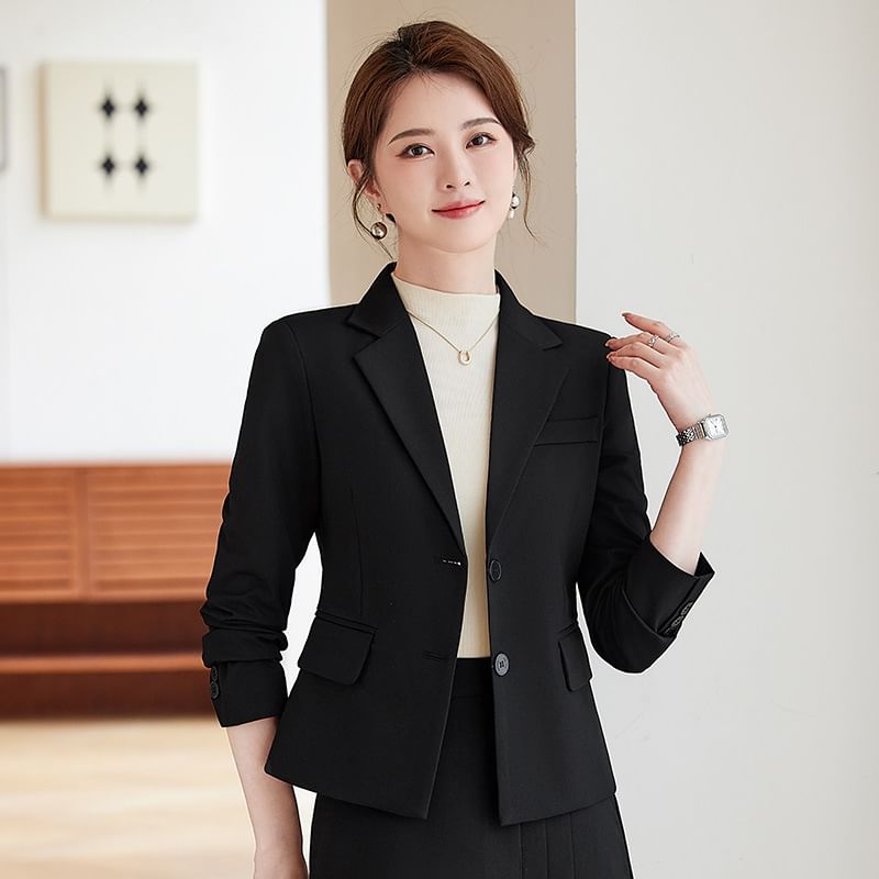 Notched-Lapel Single-Breasted Blazer with Pleated Flare Skirt Set