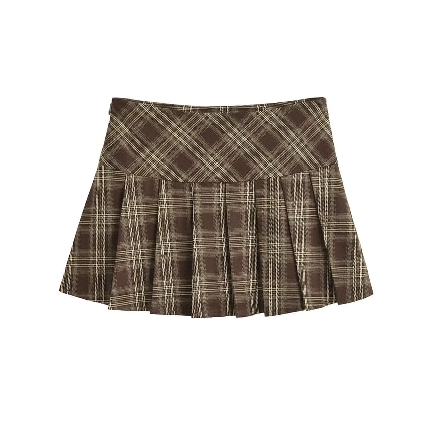 Low-Rise Checkered Mini Pleated Flare Skirt