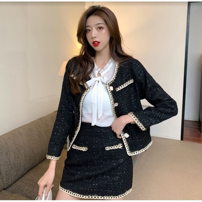 Long-Sleeve Tie-Neck Plain Frill Trim Blouse / Contrast Trim Tweed Button Jacket / High Waist Mini Pencil Skirt / Set