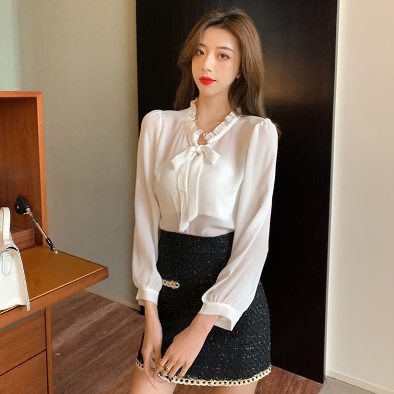 Long-Sleeve Tie-Neck Plain Frill Trim Blouse / Contrast Trim Tweed Button Jacket / High Waist Mini Pencil Skirt / Set