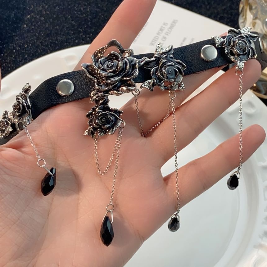 Alloy Choker Leather Faux Rose