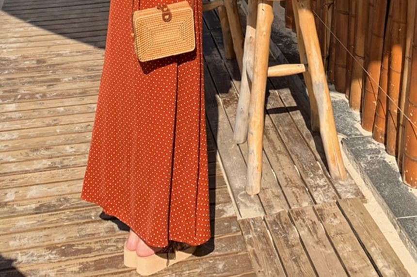 Long Sleeve V-Neck Dotted Patterned Print Tie-Waist Maxi A-Line Wrap Dress