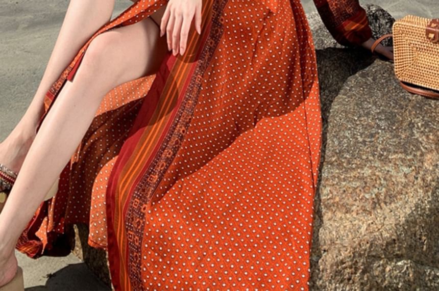 Long Sleeve V-Neck Dotted Patterned Print Tie-Waist Maxi A-Line Wrap Dress