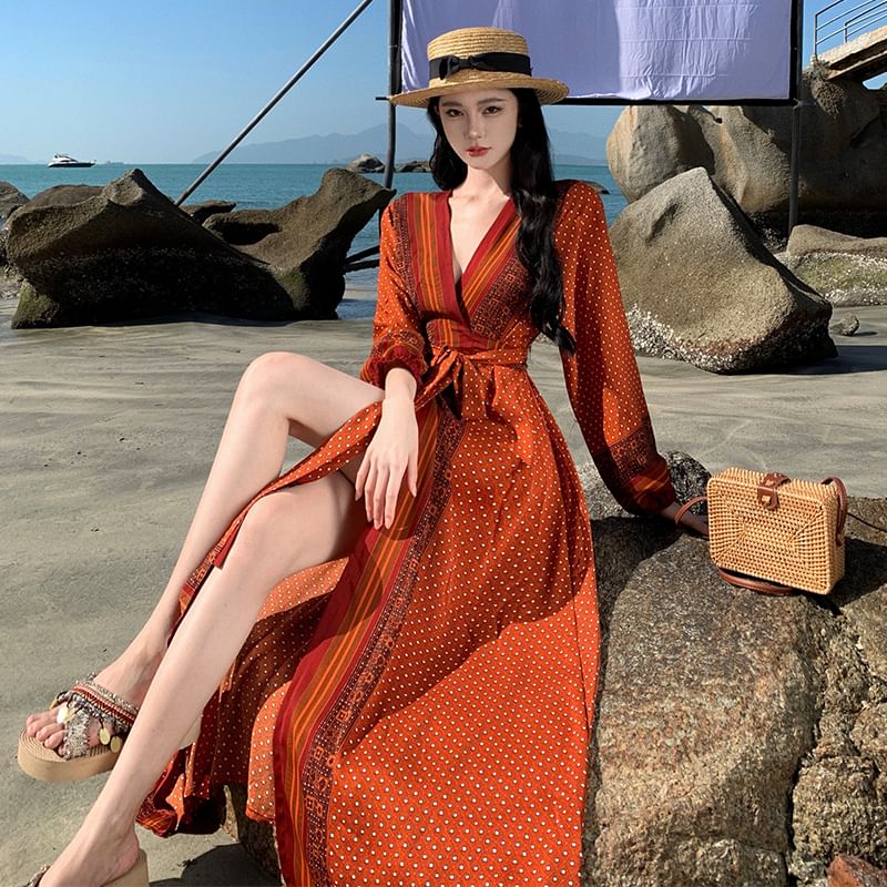 Long Sleeve V-Neck Dotted Patterned Print Tie-Waist Maxi A-Line Wrap Dress