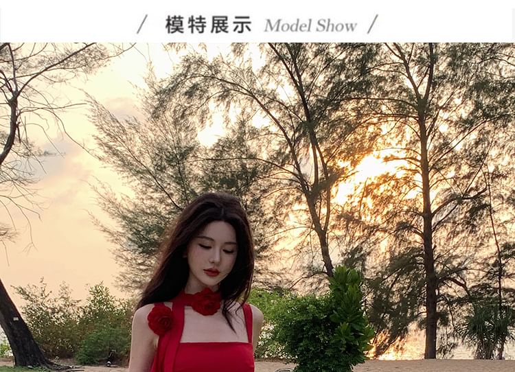 Sleeveless Square Neck Plain Flower Detail Ruffle Asymmetrical A-Line Dress