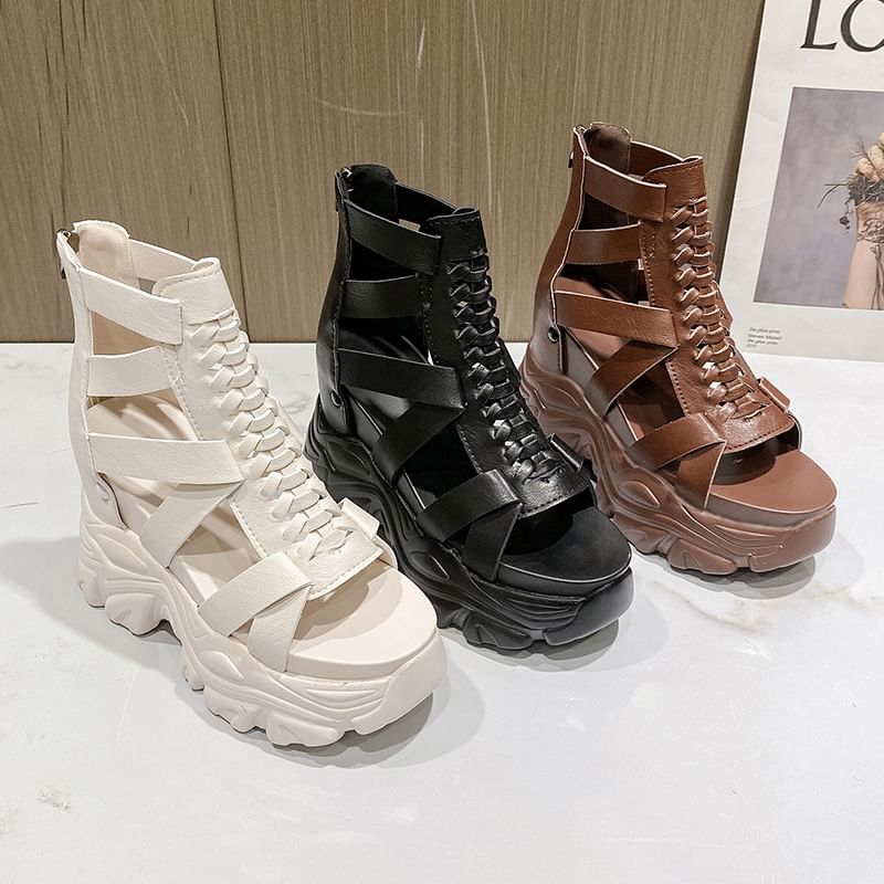 Platform Sandals Chunky Strappy Lace-Up Heel
