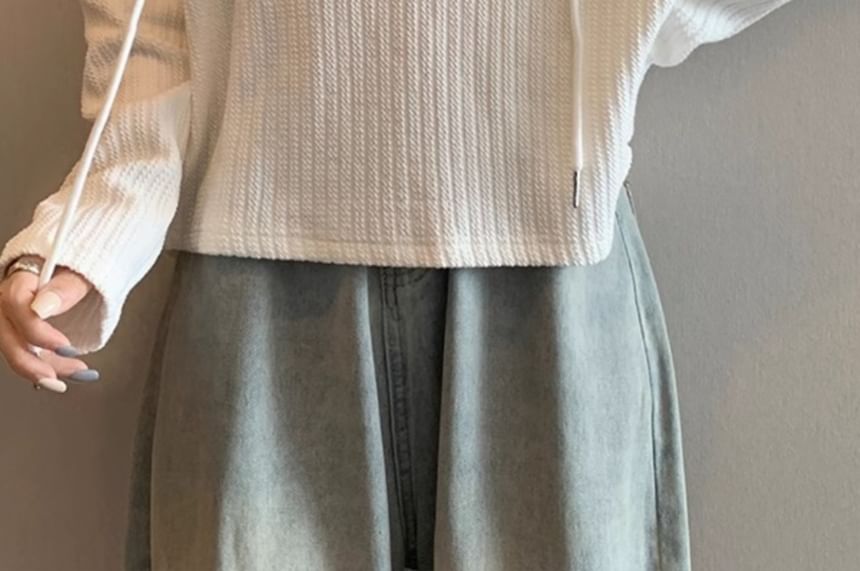 Long-Sleeve Letter Embroidered Hooded Ribbed Tee