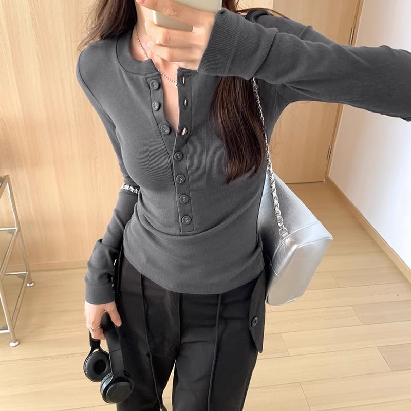 Long-Sleeve Henley Plain T-Shirt