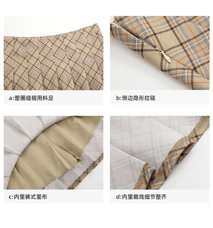 High-Waist Checkered Pleated Mini A-Line Skirt