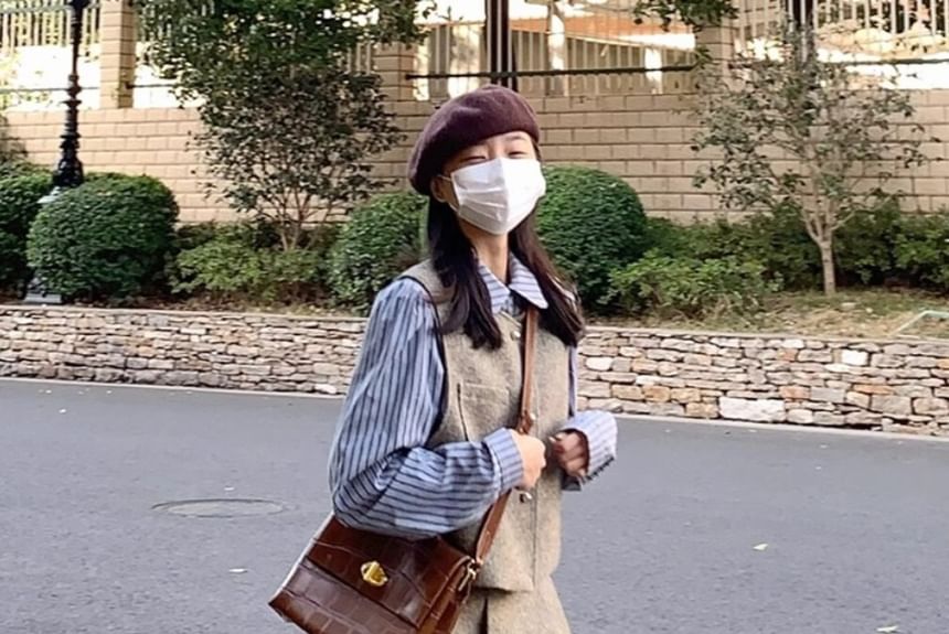 Striped Long Sleeve Shirt with Tweed Vest and Pleated Mini Skirt Set