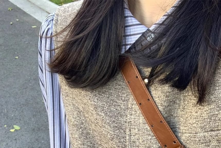 Striped Long Sleeve Shirt with Tweed Vest and Pleated Mini Skirt Set