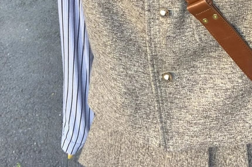 Striped Long Sleeve Shirt with Tweed Vest and Pleated Mini Skirt Set