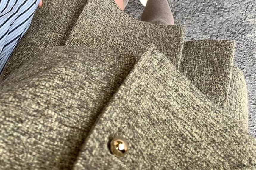 Striped Long Sleeve Shirt with Tweed Vest and Pleated Mini Skirt Set