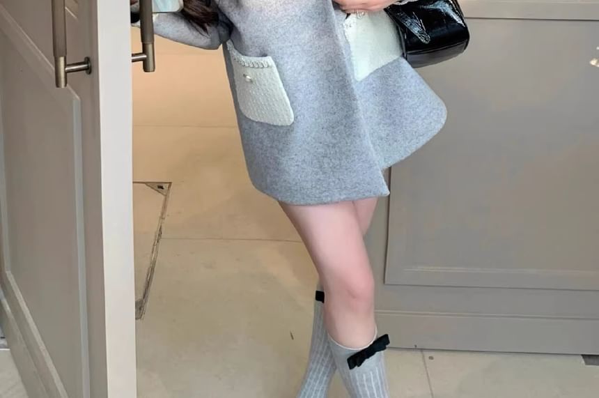 Stand Collar Two Tone Tweed Panel Frill Trim Double-Breasted Coat