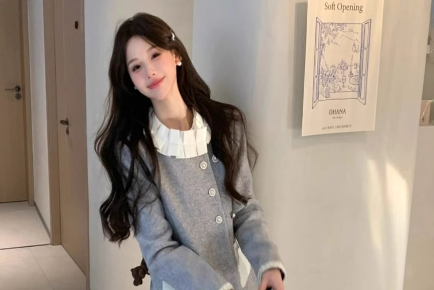 Stand Collar Two Tone Tweed Panel Frill Trim Double-Breasted Coat