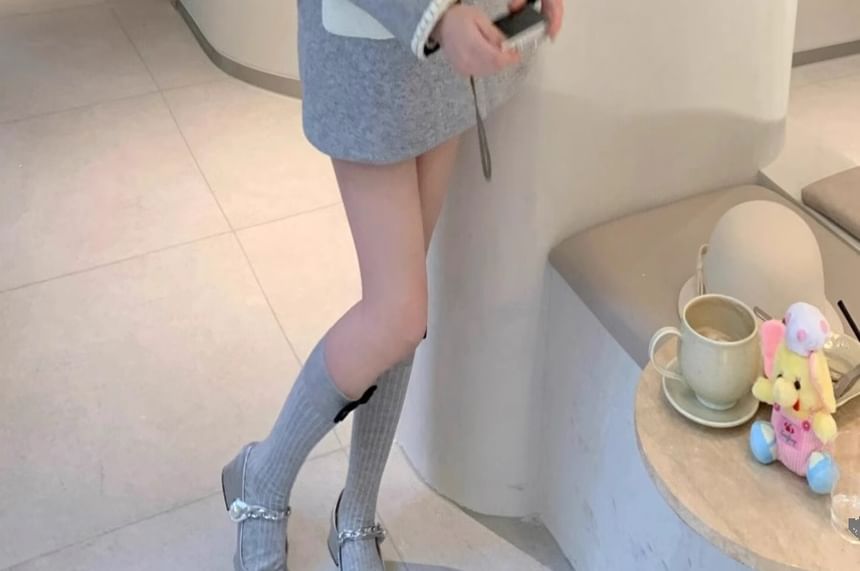 Stand Collar Two Tone Tweed Panel Frill Trim Double-Breasted Coat