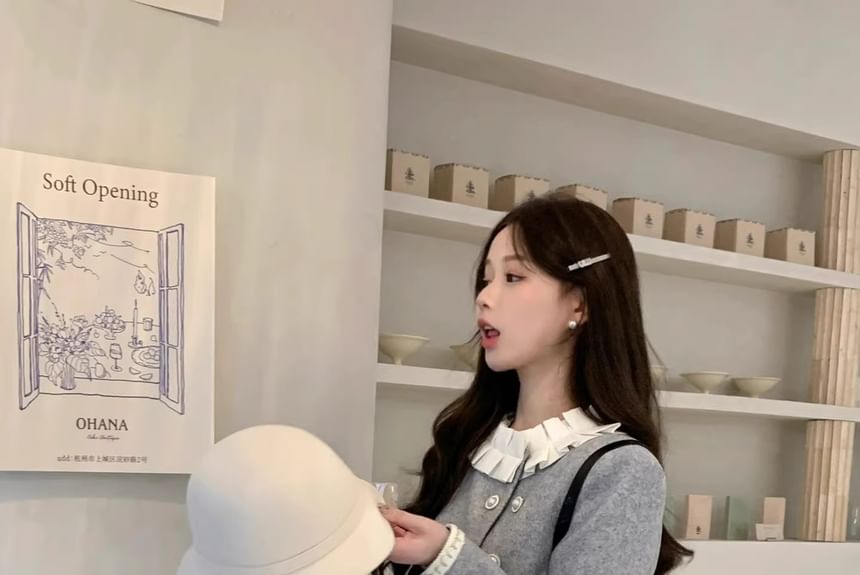 Stand Collar Two Tone Tweed Panel Frill Trim Double-Breasted Coat