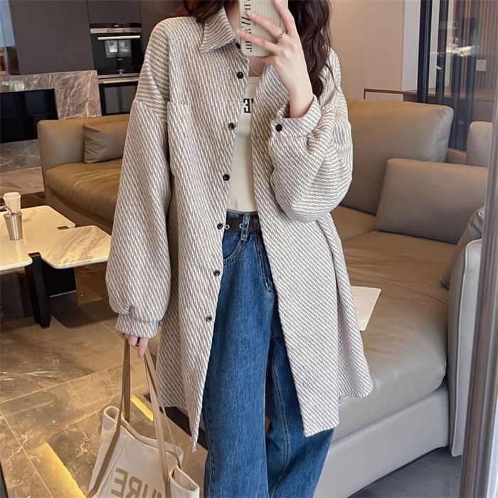 Collar Patterned Tweed Long Button Jacket