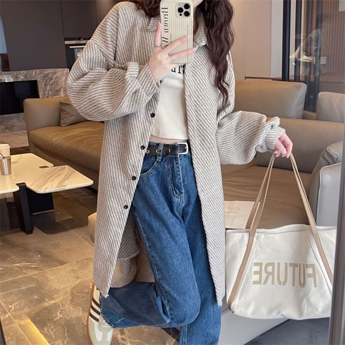 Collar Patterned Tweed Long Button Jacket