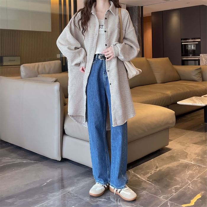 Collar Patterned Tweed Long Button Jacket