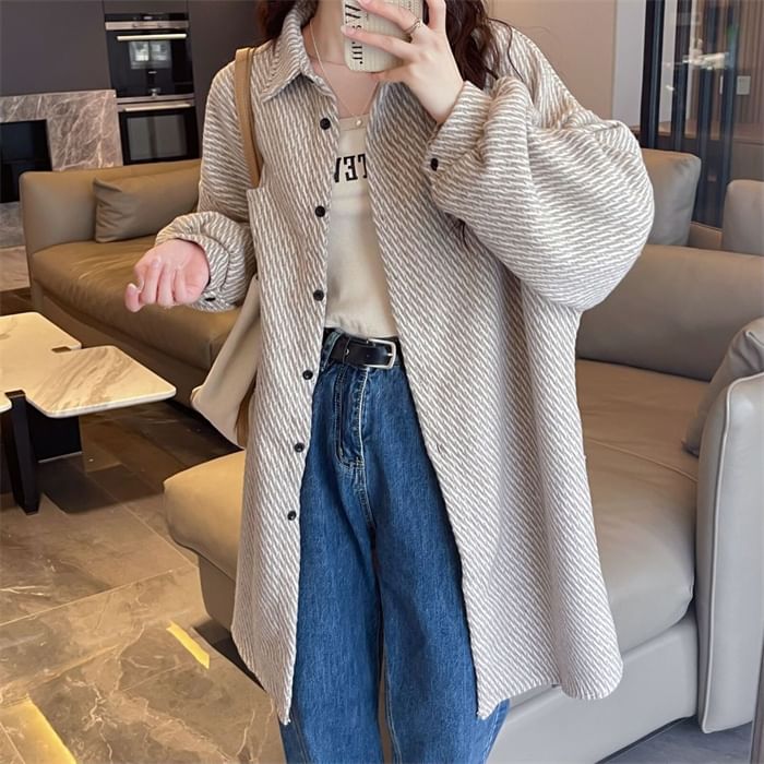 Collar Patterned Tweed Long Button Jacket