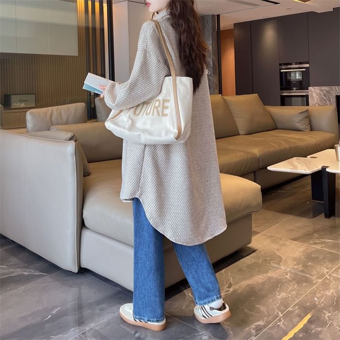 Collar Patterned Tweed Long Button Jacket