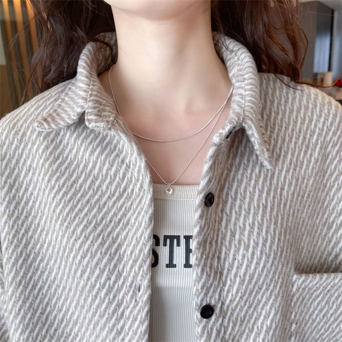 Collar Patterned Tweed Long Button Jacket