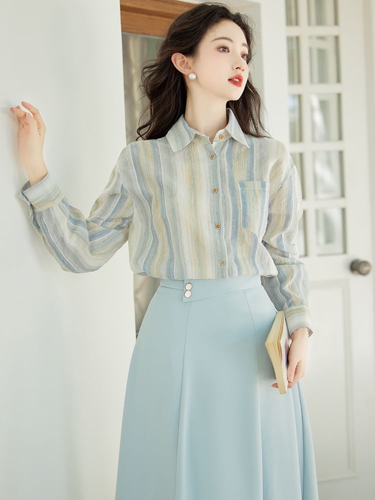 Elbow Sleeve Striped Shirt with Shawl and Maxi Skirt Set