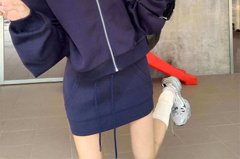 Crew-Neck Zip Top with Cinched A-Line Mini Skirt