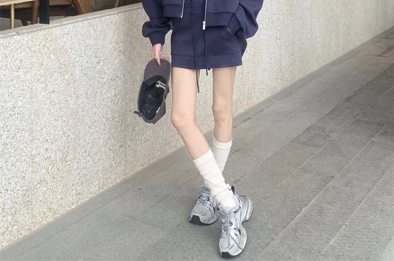 Crew-Neck Zip Top with Cinched A-Line Mini Skirt