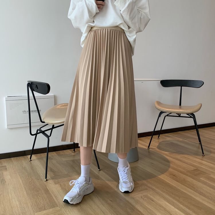 High Waist Accordion Pleated Midi Flared Skirt