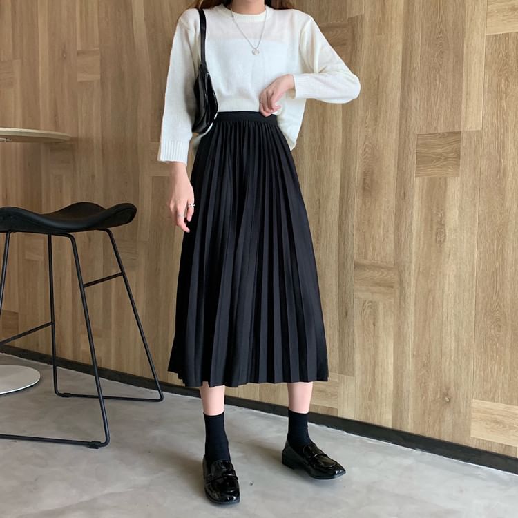 High Waist Accordion Pleated Midi Flared Skirt