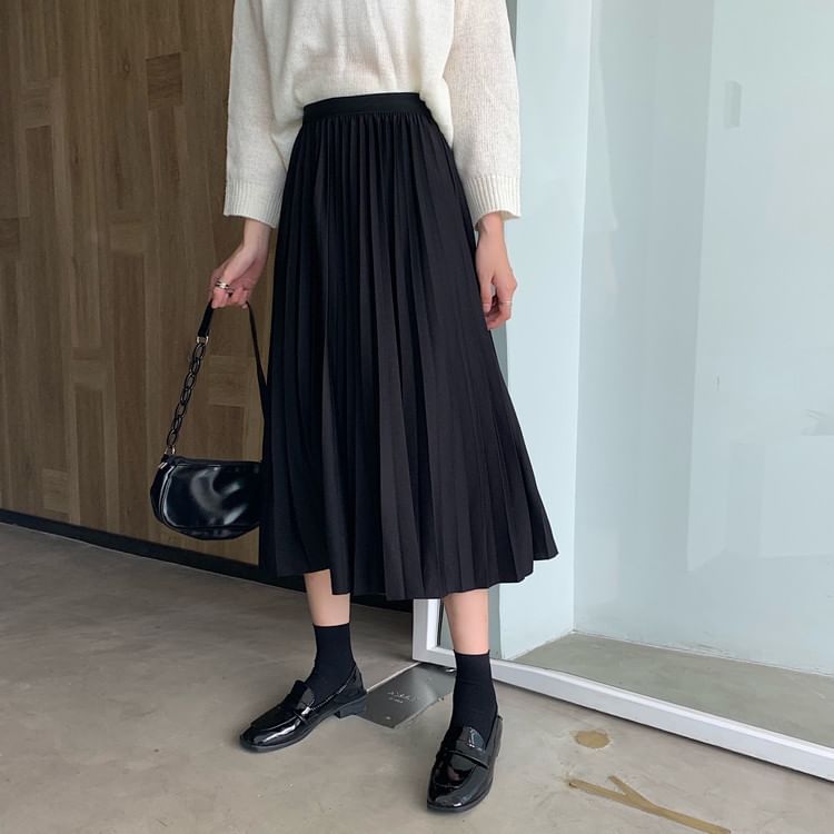 High Waist Accordion Pleated Midi Flared Skirt