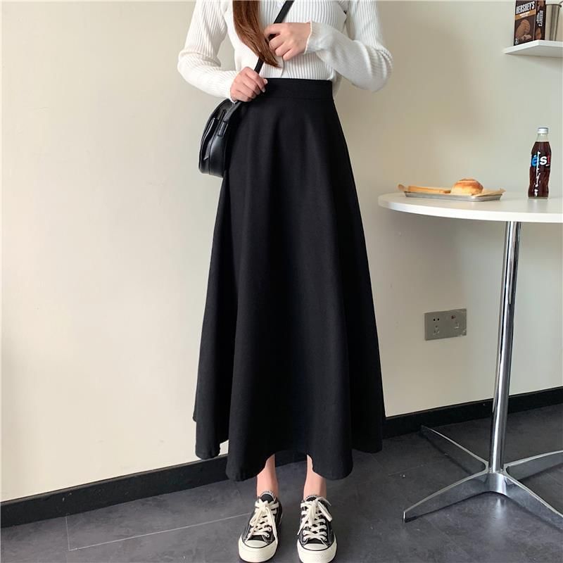 High Waist Solid Maxi Flared Skirt