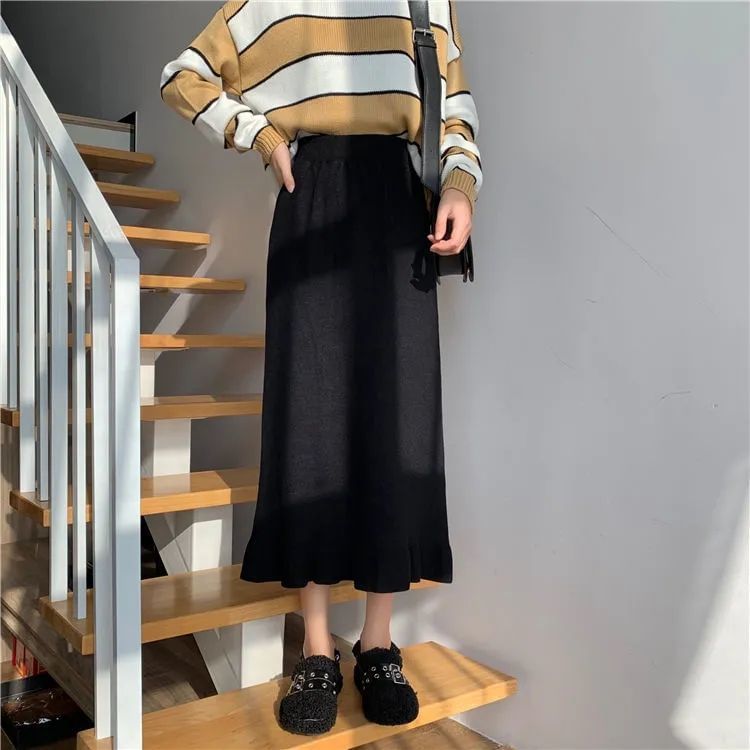 High Rise Knit Mermaid Midi Skirt