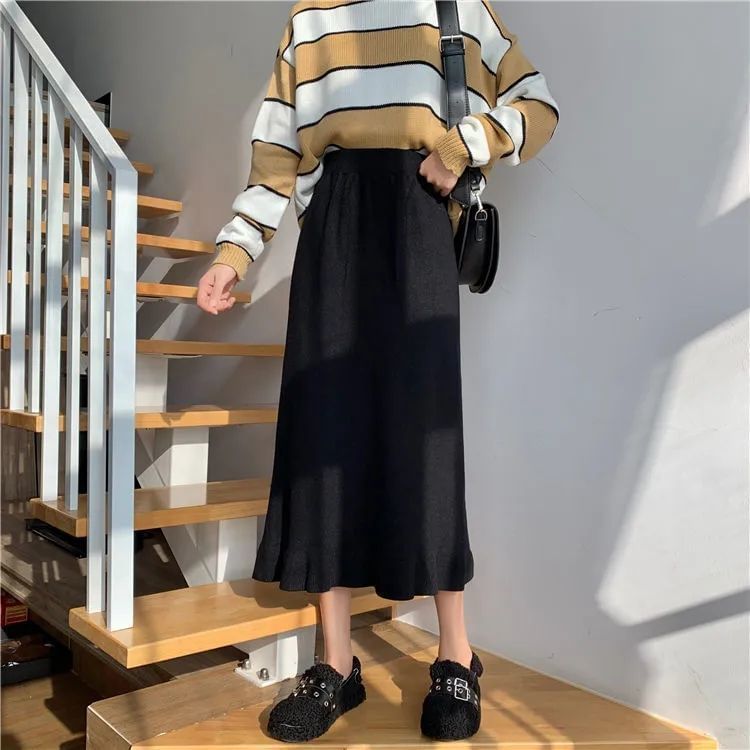 High Rise Knit Mermaid Midi Skirt