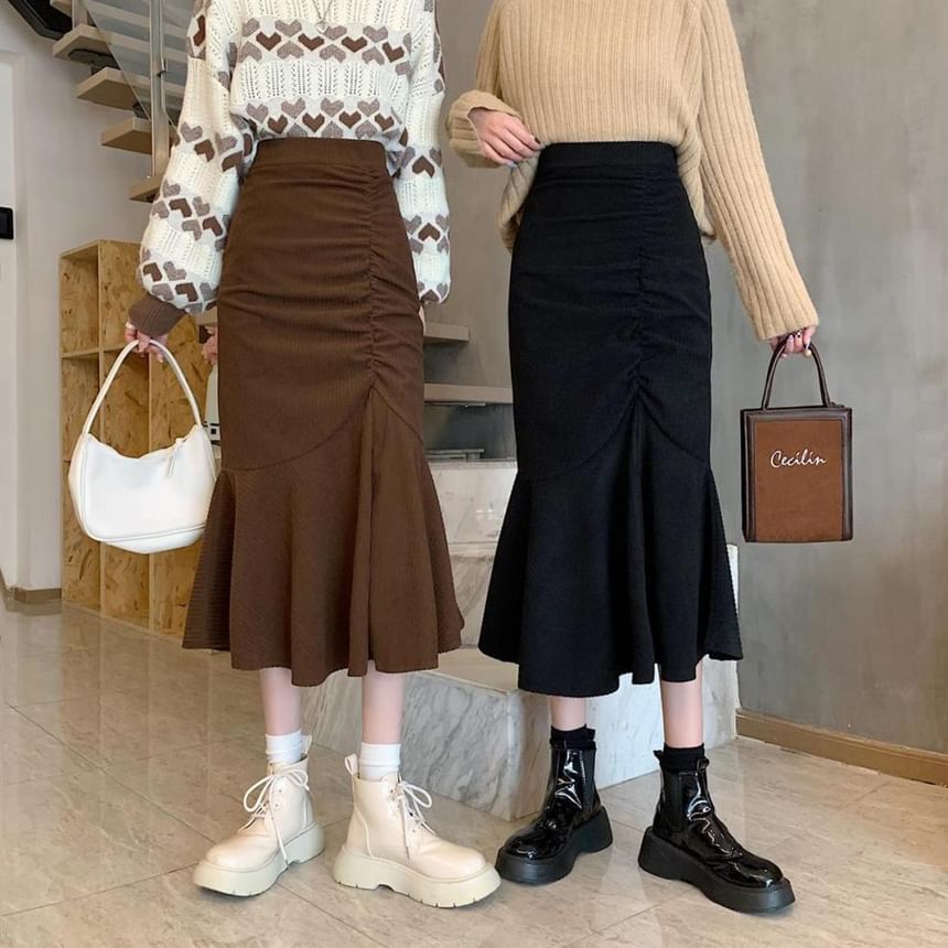 Elevated Shirred Mermaid Midi Skirt